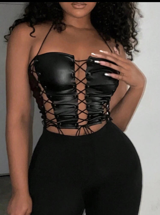 Leather Front Lace Up Halter Top