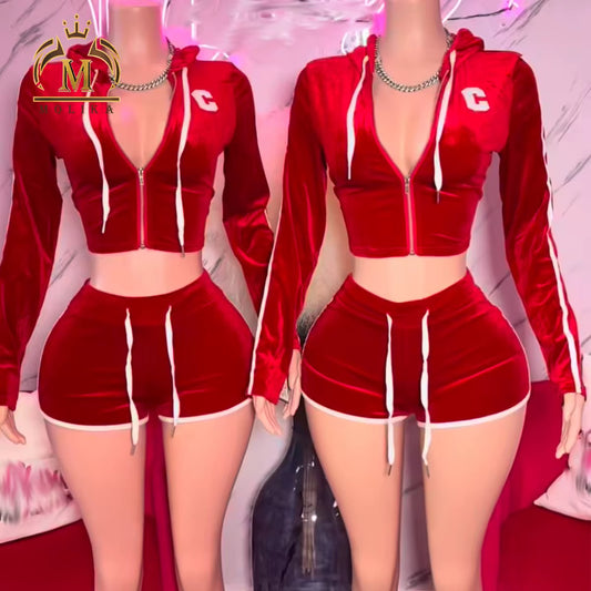 Red Velour Tracksuit Set